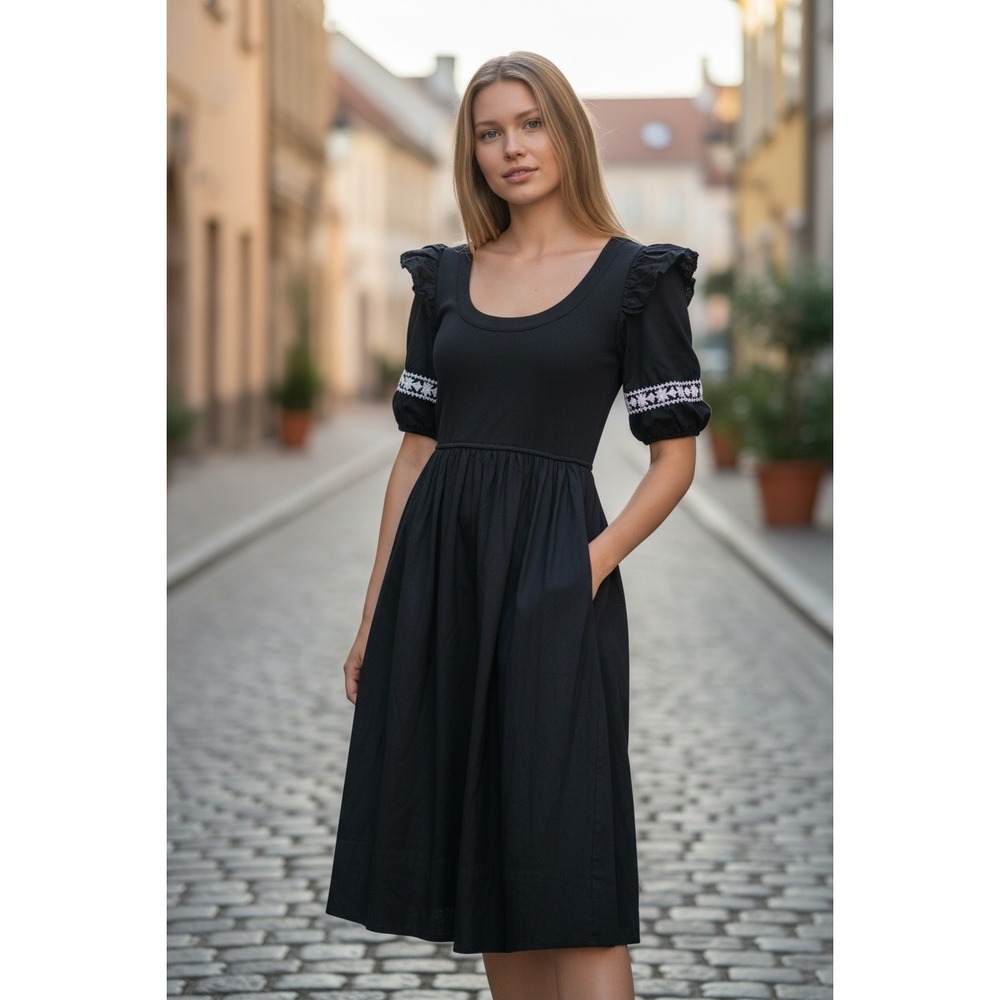 Cleobella Selma Sz SM Midi Dress Black white embroidery Puff Sleeve Ruffle Skirt